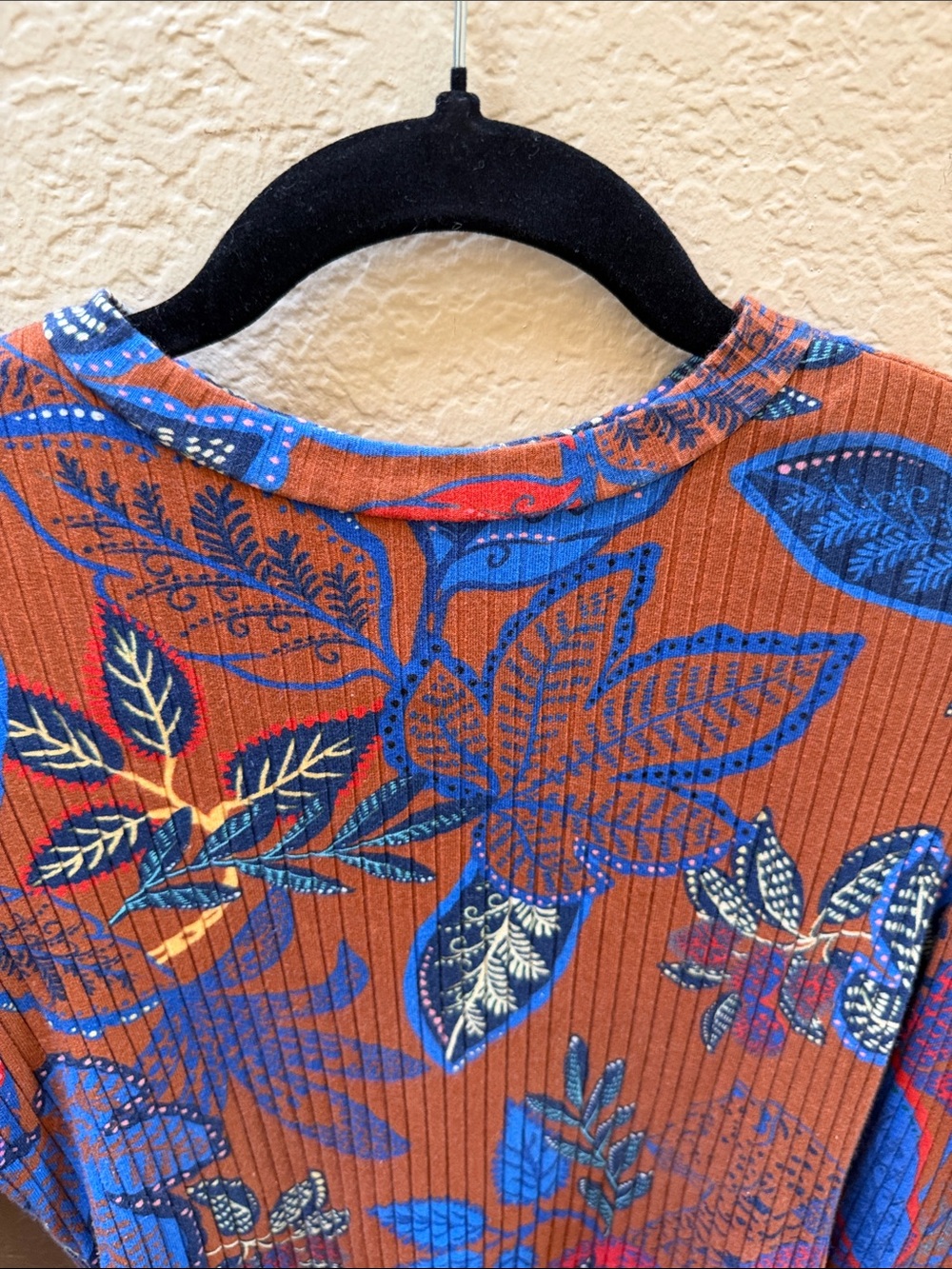 FARM Rio Rust Floral Ribbed Long-Sleeve Bodysuit with Blue Accents - Picture 2 of 7